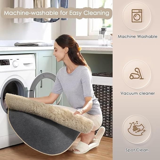 Amdrebio Beige Round Area Rug 6Ft for Living Room Bedroom, Fluffy Plush Shag Furry Circle Rugs for Kids Room Decor Aesthetic, Fuzzy Tan Neutral Circular Carpet for Baby Nursery Classroom Teens Dorm