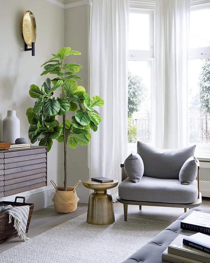 6FT Artificial Fiddle Leaf Fig Tree - Tall Fake Tree with White Planter&Seagrass Basket, Large Faux Ficus Lyrata Tree Floor Plants for Indoor Home Decor Office Living Room Housewarming Gift