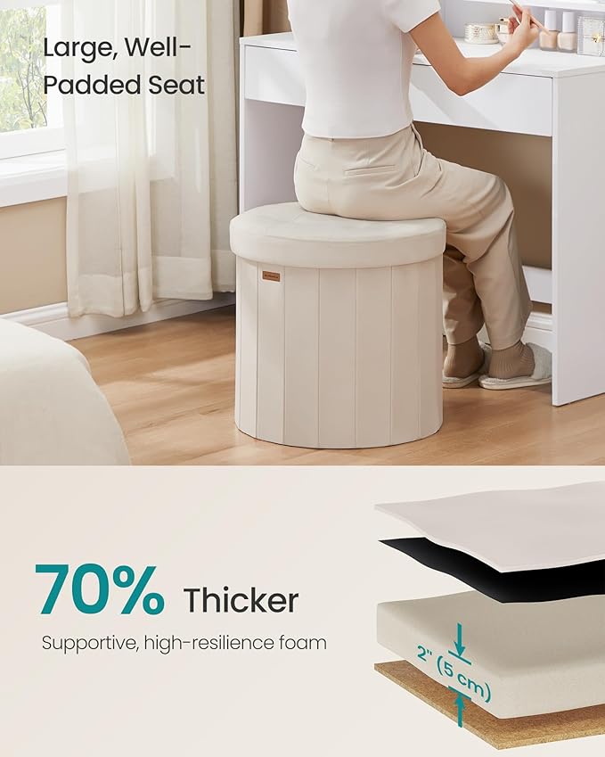 SONGMICS Mazie Collection - Round Storage Ottoman, Folding Footrest Stool with Removable Lid, Easy Assembly, Velvet Vanity Stool for Bedroom, Living Room, Entryway, Cappuccino Beige ULSF608L01
