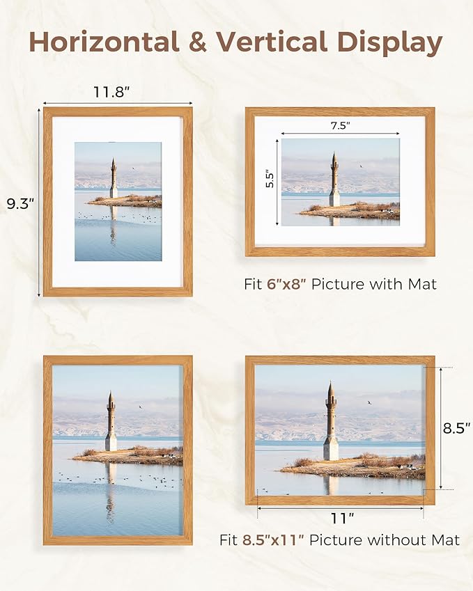 Marsmiles 8.5x11 Wooden Picture Frame, USA-Sourced Natural Oak Solid Wood Photo Frame with Plexiglass for Display Pictures 6x8 with Mat or 8.5x11 without Mat, Teak, 3 Pack