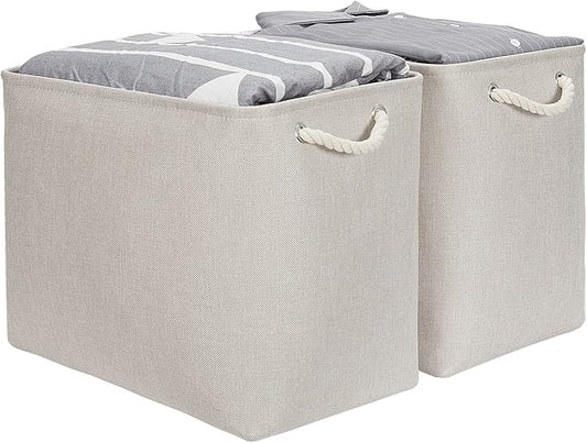 DULLEMELO 2-Pack Large Storage Baskets for Organizing Canvas Fabric Storage Basket Bins With Rope Handles for Shelf Clothes Empty Gift Basket (Beige)
