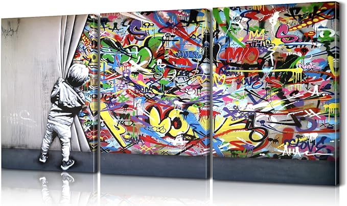 3 Pieces Banksy Wall Art Graffiti Wall Art Behind the Curtain Wall Art Colorful Decor Banksy Canvas Wall Art Pop Art Graffiti Canvas Wall Art Street Art Banksy Canvas for Room Decor (16''Wx24''Hx3PCS)