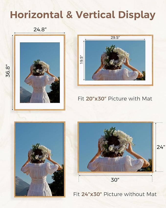 Marsmiles 24x36 Wooden Picture Frame, USA-Sourced Natural Oak Solid Wood Photo Frame with Real Glass for Display Pictures 20x30 with Mat or 24x36 without Mat, Teak, 2 Pack