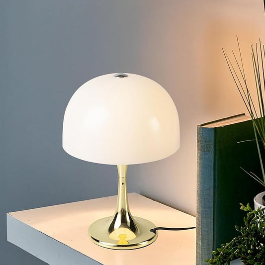 Modern Sleek Table Lamp for Bedroom, 3-Light LED End Table Lamp for Living Room, Office, Milky White Acrylic Shade Metal Mushroom Desk Lamp for Bedside Night Light, Gold Base