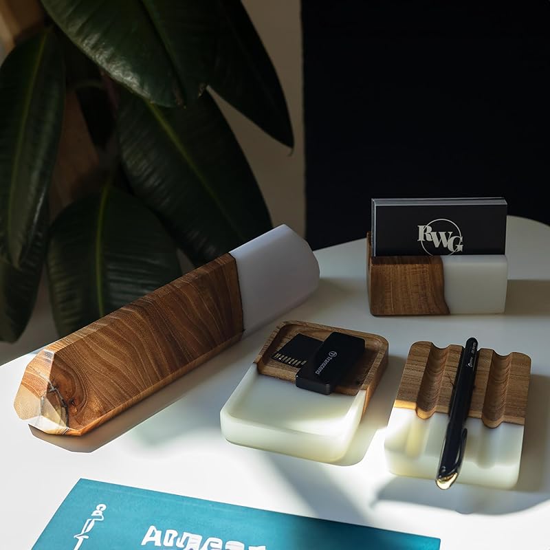 RWA Unique Business Card Holder for Men & Women - Stylish Durable Business Card Display Stand - Premium Desktop Business Card Holders Epoxy Wood Desk Organizer - Office Desk Accessories, BASIC, white