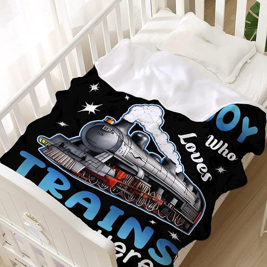 Boy Who Loves Trains Blanket Custom Train Blankets for Boys Men Flannel Cozy Quilt Gift for Train Lovers for Beding Sofa Couch-40x30 Inches
