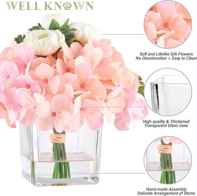 WELL KNOWN Fake Flowers in Vase, Hydrangea Ranunculus Artificial Flowers with Vase, Silk Faux Floral with Faux Water Arrangements Centerpiece for Office Dining Table Home Hotel Wedding Decor (Pink)