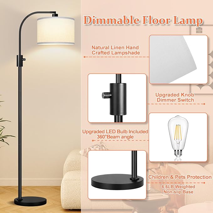 [Upgraded] Dimmable Floor Lamp, 1200 Lumens LED Edison Bulb Included, Arc Floor Lamps for Living Room Modern Standing Lamp with White Shade, Black Tall Lamp for Living Room Bedroom Office Dining Room