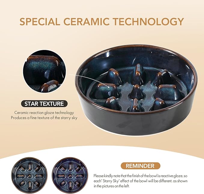 Ceramic Raised Slow Feeder Dog Bowl Set, Elevated 6.1inch Bowl and 7.3inch Slow Feeder Dish with Acacia Wood Stand for Small and Medium Dog, Stop Bloat(2X Starry Sky+ Stand)