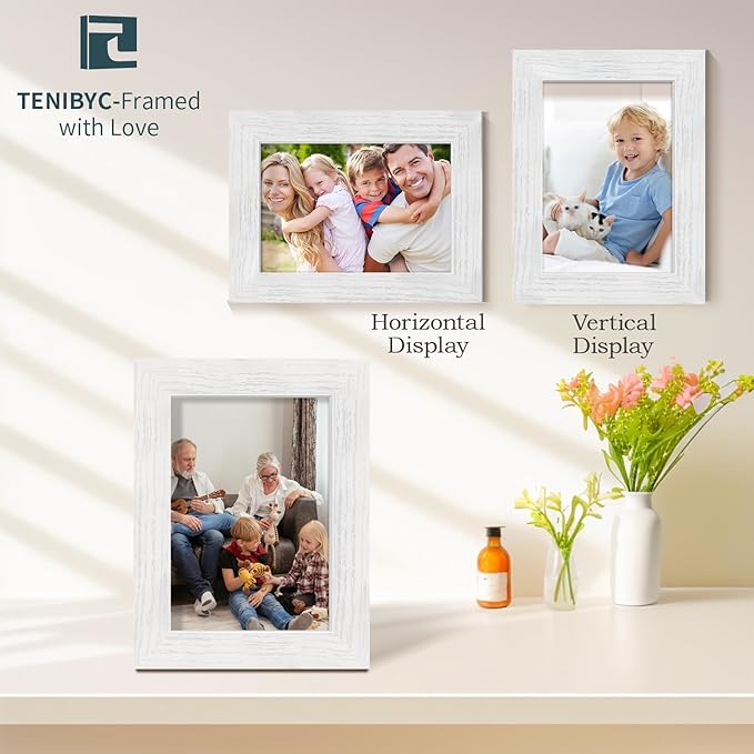 5x7 Picture Frame Set of 4 - White, Wood Photo Frame, HD Tempered Glass, Table Display or Wall Hanging, Gift for Friend