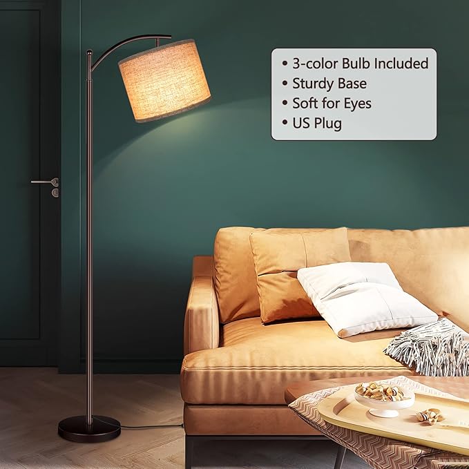 ROTTOGOON Floor Lamp for Living Room, LED Tall Industrial Standing Lamp Reading for Bedroom, Office (9W LED Bulb, Beige Lampshade Included) -Oil-Rubbed Bronze