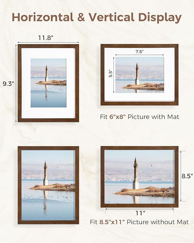 Marsmiles 8.5x11 Wooden Picture Frame, USA-Sourced Natural Oak Solid Wood Photo Frame with Plexiglass for Display Pictures 6x8 with Mat or 8.5x11 without Mat, Walnut, 3 Pack