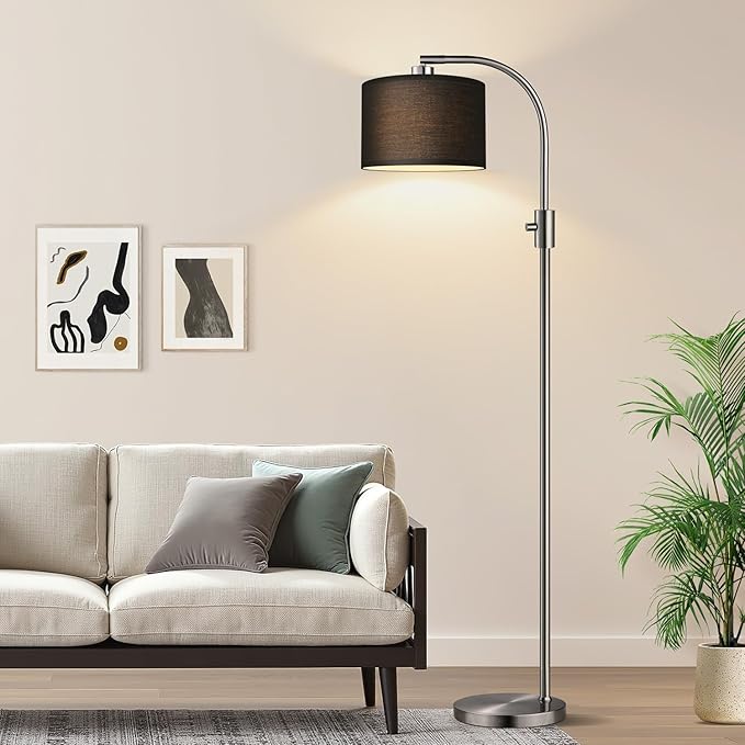 【Upgraded】 Dimmable Floor Lamp, 1200 Lumens LED Bulb Included, Brushed Nickel Arc Floor Lamps for Living Room Modern Standing Lamp with Black Shade, Tall Lamp for Living Room Bedroom Office Office