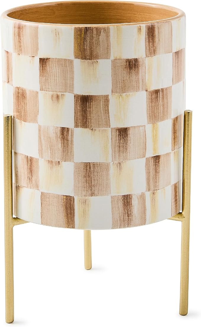 MACKENZIE-CHILDS Tabletop Planter, Ceramic Decorative Pot for Plants, Brown-and-White Mocha Check