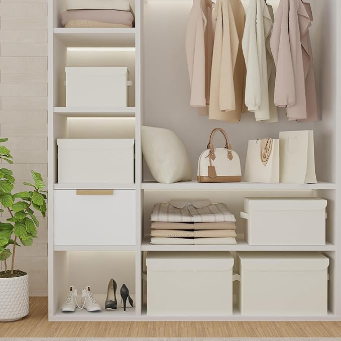 Foldable Storage Bin, Cube Organizer Basket with Flip-Top Lid and 2 Handles, Decorative Boxes for Shelves with Cover for Clothes, Towels, Blanket, 4 Pack, Beige, 13 x 9 x 7.9 In, XSNY12BEM-4