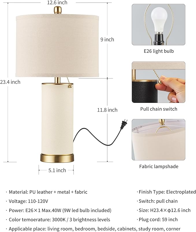 KDG 23.4" White PU Leather Table Lamps for Living Room Set of 2, 3 Level Brightness LED Modern Home Decor Fabric Lampshade Desk Lamp Lighitng for Bedroom, Bedside, Farmhouse, Nightstand, Night Light