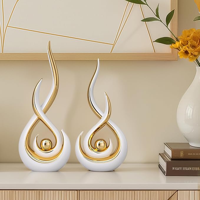 Modern Abstract Art Home Decor Accent,Contemporary Statues Coffee Table Decor for Living Room,Table Centerpieces for Dining Room,Ceramic Sculptures Knick Knacks for TV Stand Show Piece (White Gold)