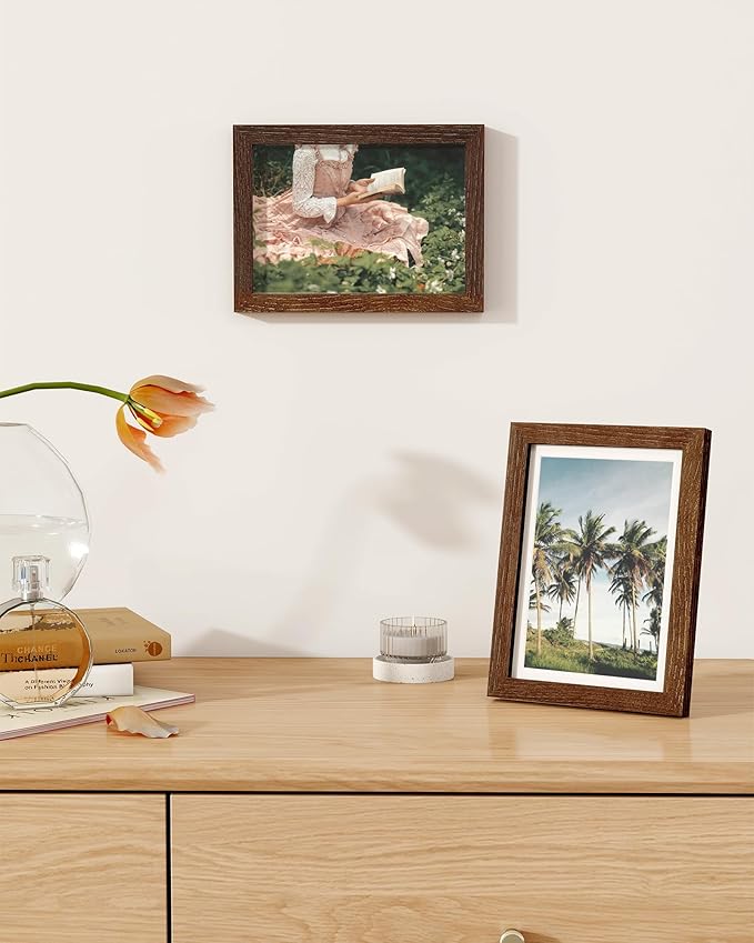 Marsmiles 5x7 Wooden Picture Frame, USA-Sourced Natural Oak Solid Wood Photo Frame with Plexiglass for Display Pictures 4x6 with Mat or 5x7 without Mat, Walnut, 1 Pack