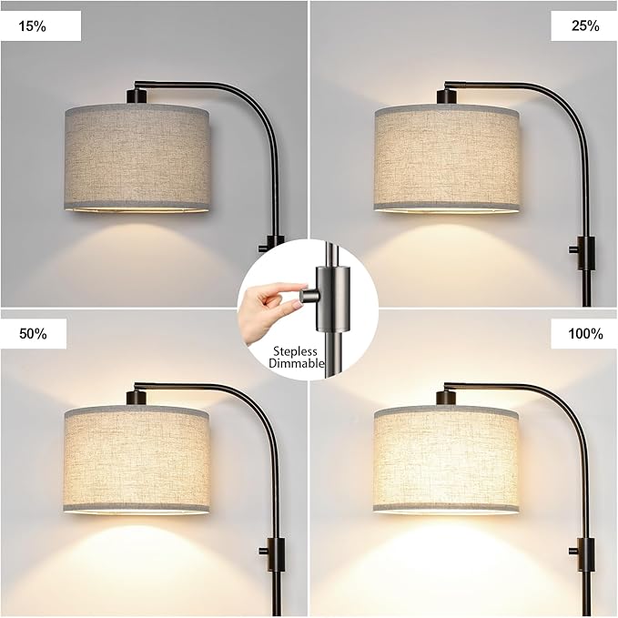 Upgraded Dimmable Floor Lamp, 1200 Lumens LED Bulb Included, Bronw Arc Floor Lamp with Linen Shade for Living Room, Bedroom, Reading Room, Nursery