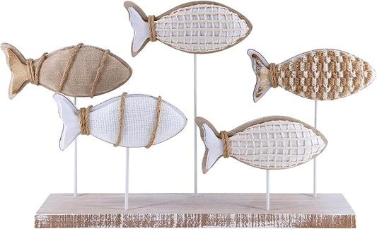 Wooden Fish Figurines with Jute Rope and Cotton String, Fish Sculpture Statues for Home Decoration, Table Top Nautical Decor for Living Room, Bedroom, Beachhouse Home Decor (JuteFish-5)