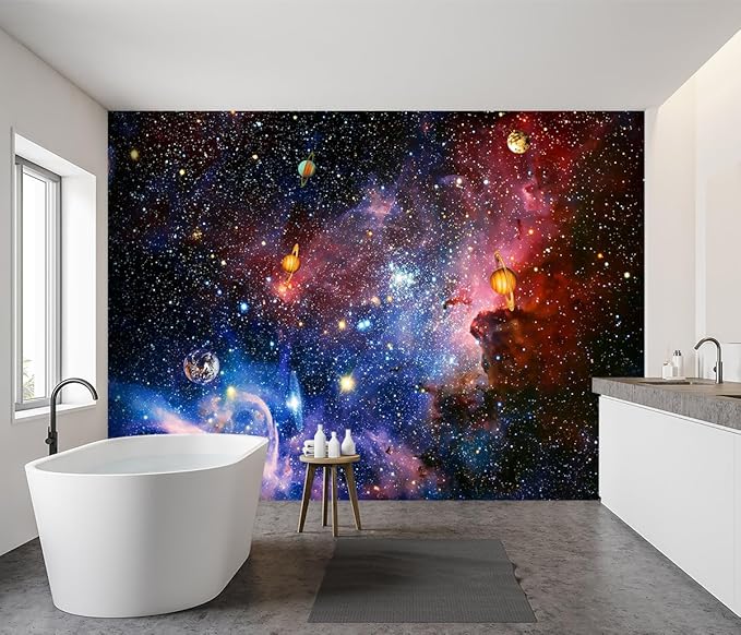 -Galaxy Universe Planet Ceiling Fabric Wallpaper Boys Girls Nursery Starry Sky Children Bedroom Bathroom Large Mural- 160"x108"（ not Peel and Stick）