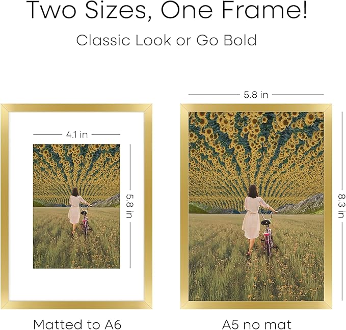 Homeforia A5 Picture Frame Gold, High End Metal 5.8 x 8.3 Frames Matted to 4.1 by 5.8 inch Photo, A5 Frame with Mat A6, 5.8x8.3 Poster Frames, 8.3x5.8 Display Frame, Tempered Glass, Wall Kit, Set of 1