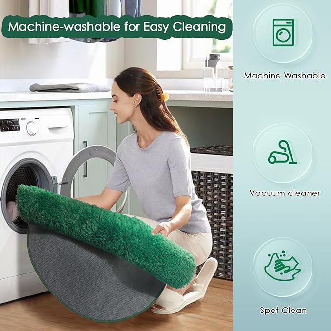 Amdrebio Dark Green Fluffy Round Rugs 5Ft for Bedroom, Thick Floor Circle Rug for Kids, Teens Room Decor, Furry Shag Area Rug for Living Room, Baby Nursery, Dorm, Fuzzy Plush Fur Emerald Green Carpet