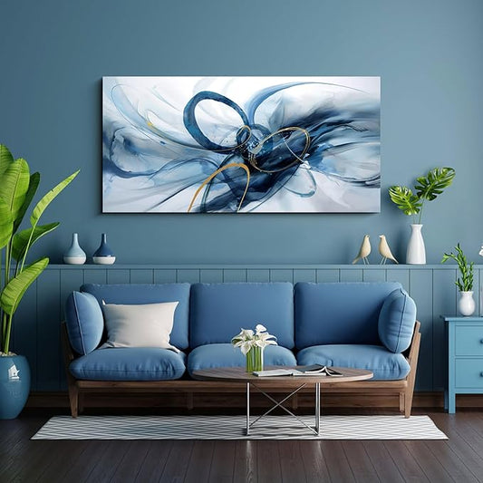 XLSJERST Abstract Wall Decor Living Room - Modern Canvas Wall Art Blue and White Picture Artwork for Office Bedroom Home Decoration