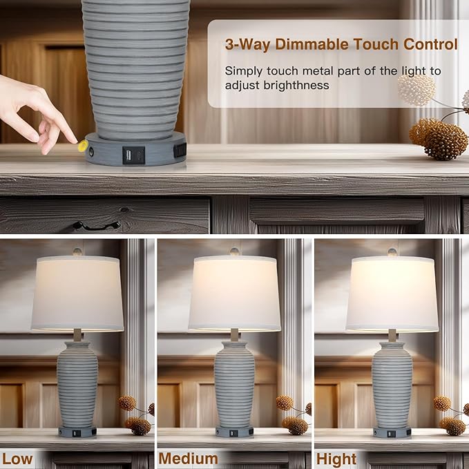 25" Farmhouse Jar Table Lamp Set of 2 Vintage Rustic Lamps for Living Room, Resin Bedside Nightstand Lamps with Linen Lampshades, Retro Pot Lamp for Living Room, Bedroom(LED Bulbs Included)