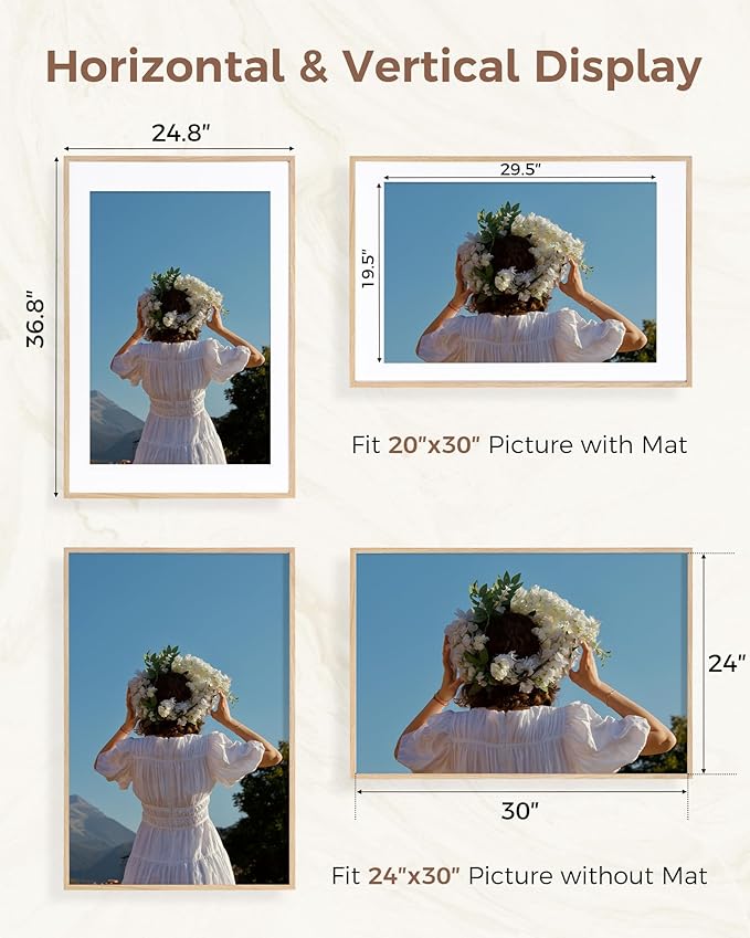 Marsmiles 24x36 Wooden Picture Frame, USA-Sourced Natural Oak Solid Wood Photo Frame with Real Glass for Display Pictures 20x30 with Mat or 24x36 without Mat, Natural, 2 Pack