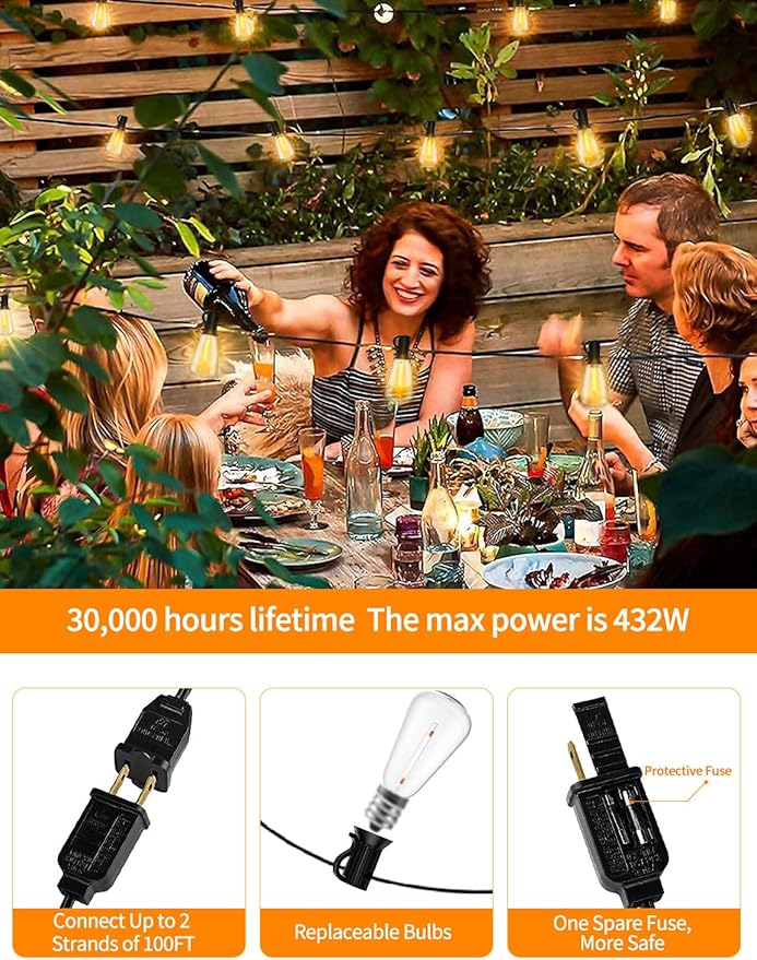 100FT Outdoor String Lights with Remote Patio Lights for Outside 52 Shatterproof Waterproof ST38 Edison Bulbs, Dimmable String Lights for Backyard Porch Bistro Party Decor, Warm White 2200k