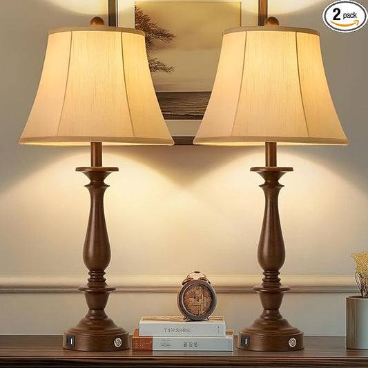 AIDENOEY 28.5" Traditional Table Lamp Set of 2, Rustic Farmhouse Table Lamps for Living Room Bedroom, Bedside Desk Lamps Vintage Nightstand Lamps with Silk Fabric Shades, Antique Walnut