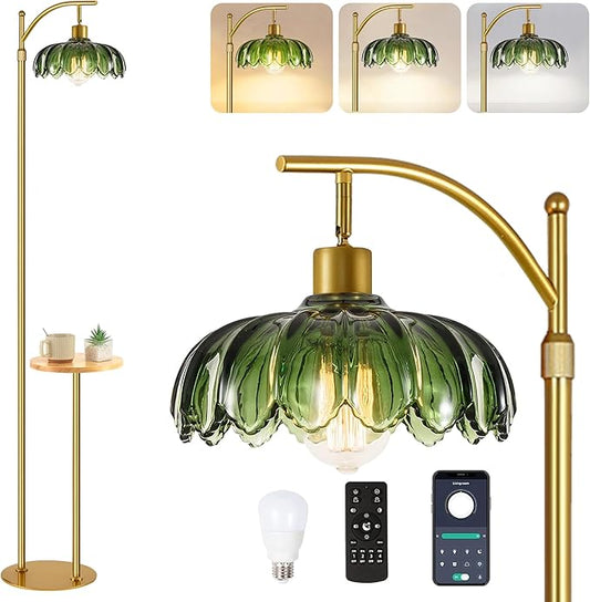 Arc Floor Lamp with Table and Shelves,Gold Floor Lamp for Living Room Glass Floor Lamps with Remote Control & 3 Color Temperature,Dimmable Standing Lamp Tall Flower Floor Lamps for Bedroom Corner