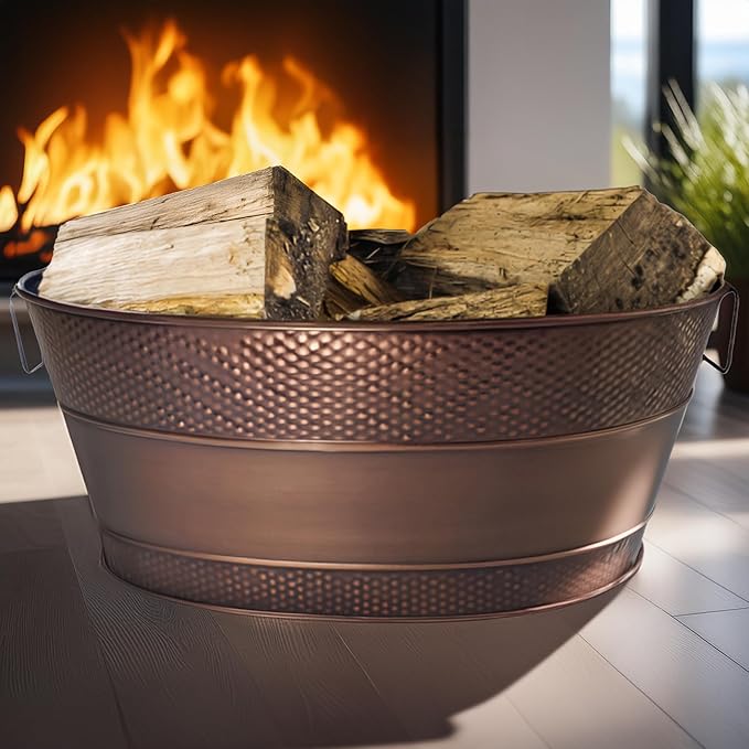 BREKX Copper Galvanized Tub for Indoor Firewood Storage Rack Log Holder - 25QT Heavy-Duty Portable Tub with Handles -Multi-Use for Planters, Blankets for Living Room, Etc