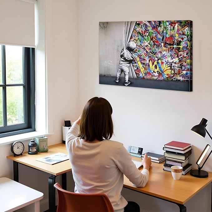 Banksy Canvas Wall Art Colorful Behind The Curtain Posters - 16x24 Inches Built-in Wooden Frame, Lightweight & Ready to Hang, Graffiti Banksy Wall Art Street Prints for Bedroom, Living Room Decor