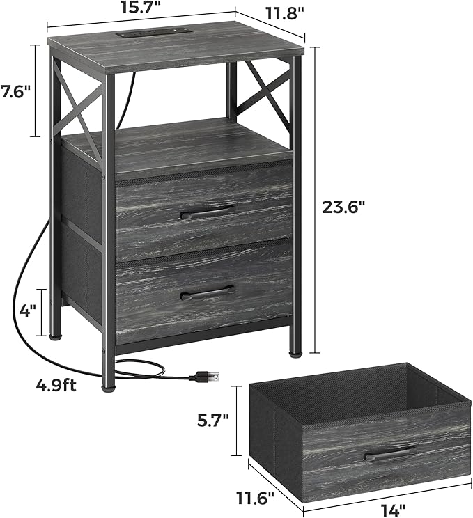Huuger Nightstands Set of 2, Night Stand with Charger Station, 2 Drawer Side Table with Open Shelf, USB-C Port, End Table for Small Spaces, X Shaped Side Rail, Charcoal Black