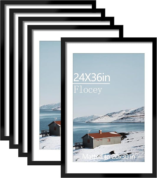 24x36 Picture Frame Set of 5, Black Poster Frame, Display Pictures 20 x 30 with Mat or 24 x 36 Without Mat for Horizontal or Vertical Wall Mounting, Wall Gallery Frame for Artwork