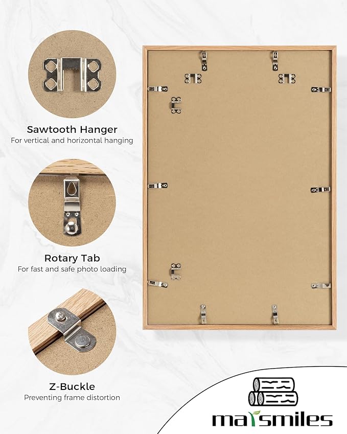 Marsmiles 16x24 Wooden Picture Frame, USA-Sourced Natural Oak Solid Wood Photo Frame with Real Glass for Display Pictures 12x18 with Mat or 16x24 without Mat, Natural, 1 Pack