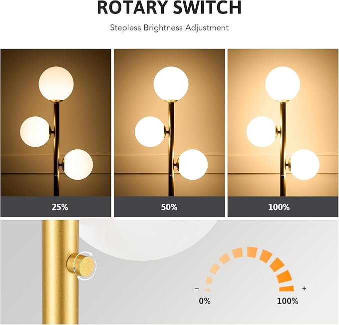 VONLUCE Mid Century Modern Floor Lamp 65", 3 Globe Lights Standing Lamp with LED Bulbs & Frosted Shades, Contemporary Dimmable Tall Pole Lamp for Living Room Bedroom Office, Gold