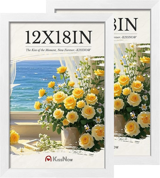 12x18 Poster Frame 2 Pack, Textured White Solid Wood Picture Frame, Wall Hanging