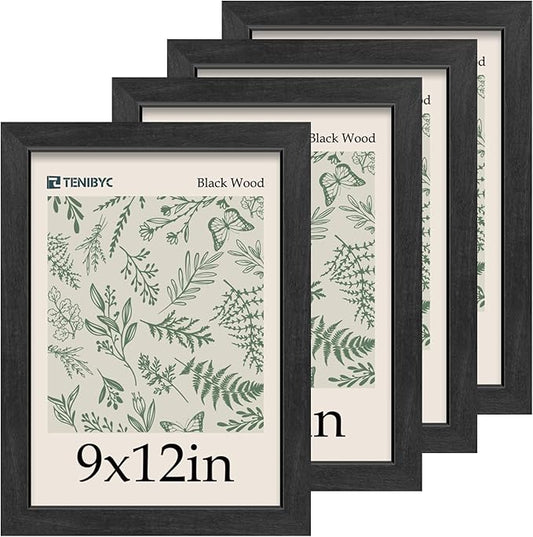 9x12 Frame Set of 4, Textured Black Wood, 9 x 12 Picture Frame with HD Tempered Glass, Table or Wall Display