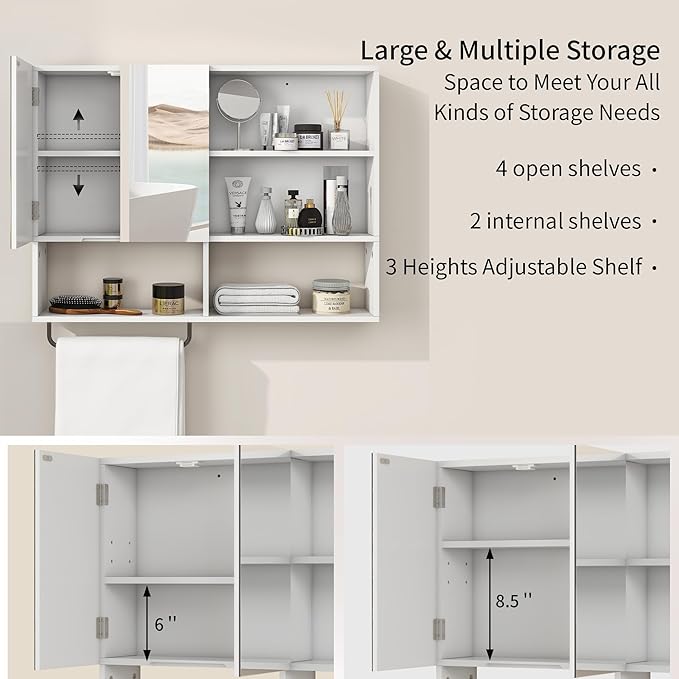 Wooden Bathroom Organizers, Over The Toilet Storage Cabinet with 2 Doors, Adjustable Shelves & Towel Bar, Wall Mounted Medicine Cabinet for Laundry with Mirror, White