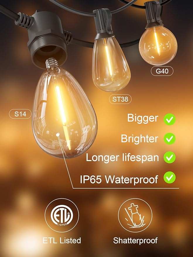 Svater Outdoor String Lights 150 FT, Patio Lights for Outside with Shatterproof Bulbs, IP65 Waterproof Commercial Grade LED Hanging Light for Backyard Bistro Market Cafe, Black