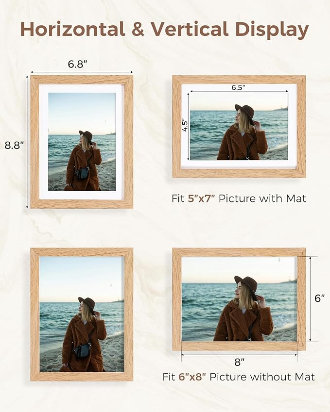 Marsmiles 6x8 Wooden Picture Frame, USA-Sourced Natural Oak Solid Wood Photo Frame with Plexiglass for Display Pictures 5x7 with Mat or 6x8 without Mat, Natural, 1 Pack