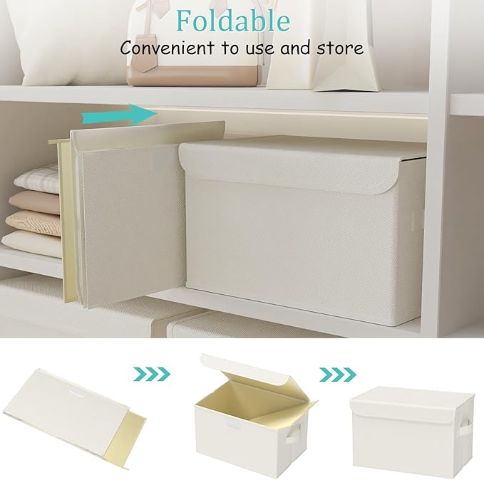 Foldable Storage Bin, Cube Organizer Basket with Flip-Top Lid and 2 Handles, Decorative Boxes for Shelves with Cover for Clothes, Towels, Blanket, 4 Pack, Beige, 13 x 9 x 7.9 In, XSNY12BEM-4