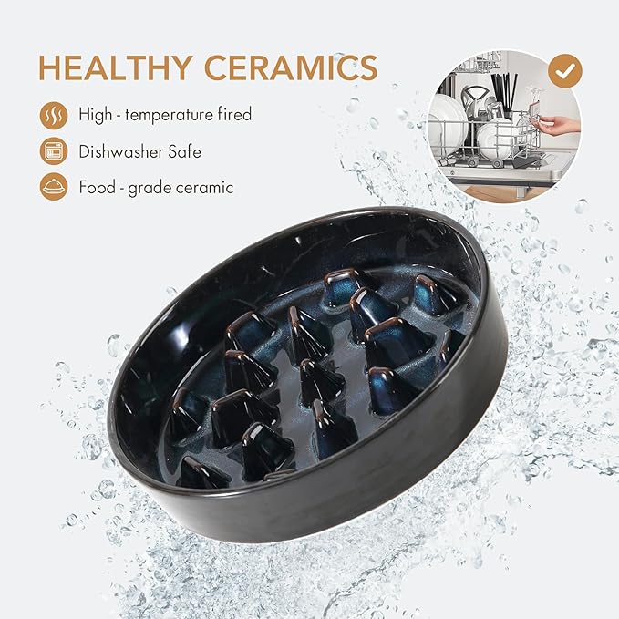 Ceramic 9.5 inch Dog Bowl Slow Feeder, Slow Pet Food Dish for Large Dog, Stop Bloat, Preventing Choking(Single Bowl, Starry Sky)