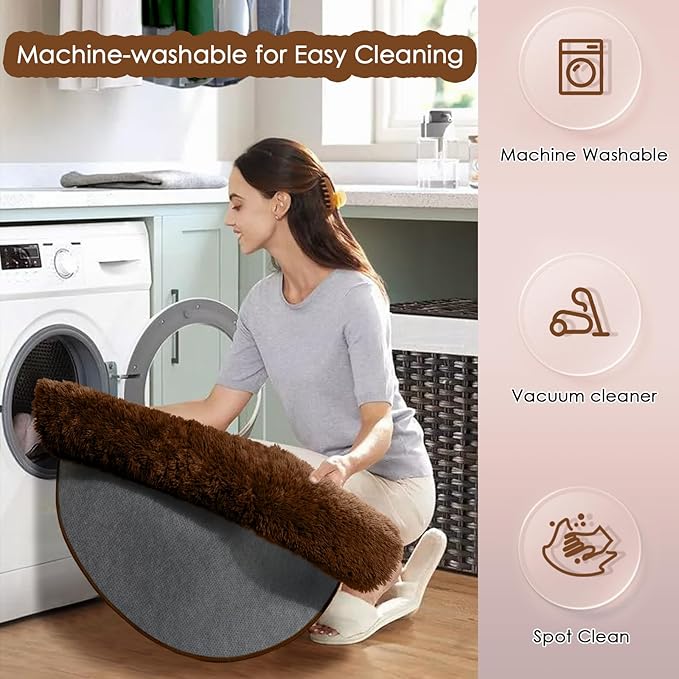 Amdrebio Dark Brown Round Circle Rugs 5Ft for Bedroom, Fluffy Shag Plush Area Rugs for Kids Room, Living Room Decor Aesthetic, Fuzzy Fur Floor Chocolate Coffee Carpet for Playroom Dorm Baby Nursery