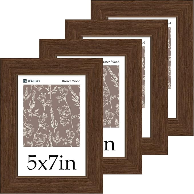 5x7 Picture Frame 4 Pack - Brown Wood, HD Tempered Glass, 5 x 7 Photo Frame for Table Top and Wall Display, Gift for Family