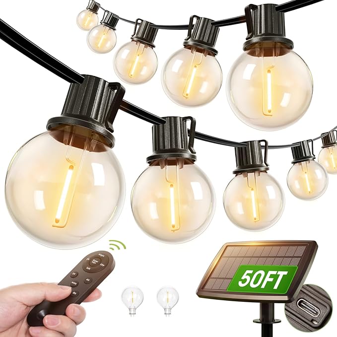 addlon 50FT Solar String Lights Outdoor Waterproof with Remote, G40 Globe Solar Patio Light with 27 LED Shatterproof Bulbs, 3 Modes, Dimmable Hanging for Outside Backyard Party