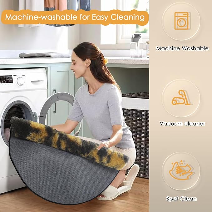 Amdrebio Black Gold Yellow Grey Round Circle Rugs 5Ft for Bedroom Living Room Decor, Fluffy Furry Area Rug for Kids Room Dorm Home Office, Modern Cool Leopard Cheetah Shag Carpet for Teen Boys Men